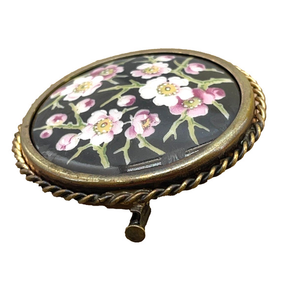 Limoges Old Brooch Pin Hand Painted Flowers Black Enamel Golden Rope P.Pastaud - Picture 4 of 7